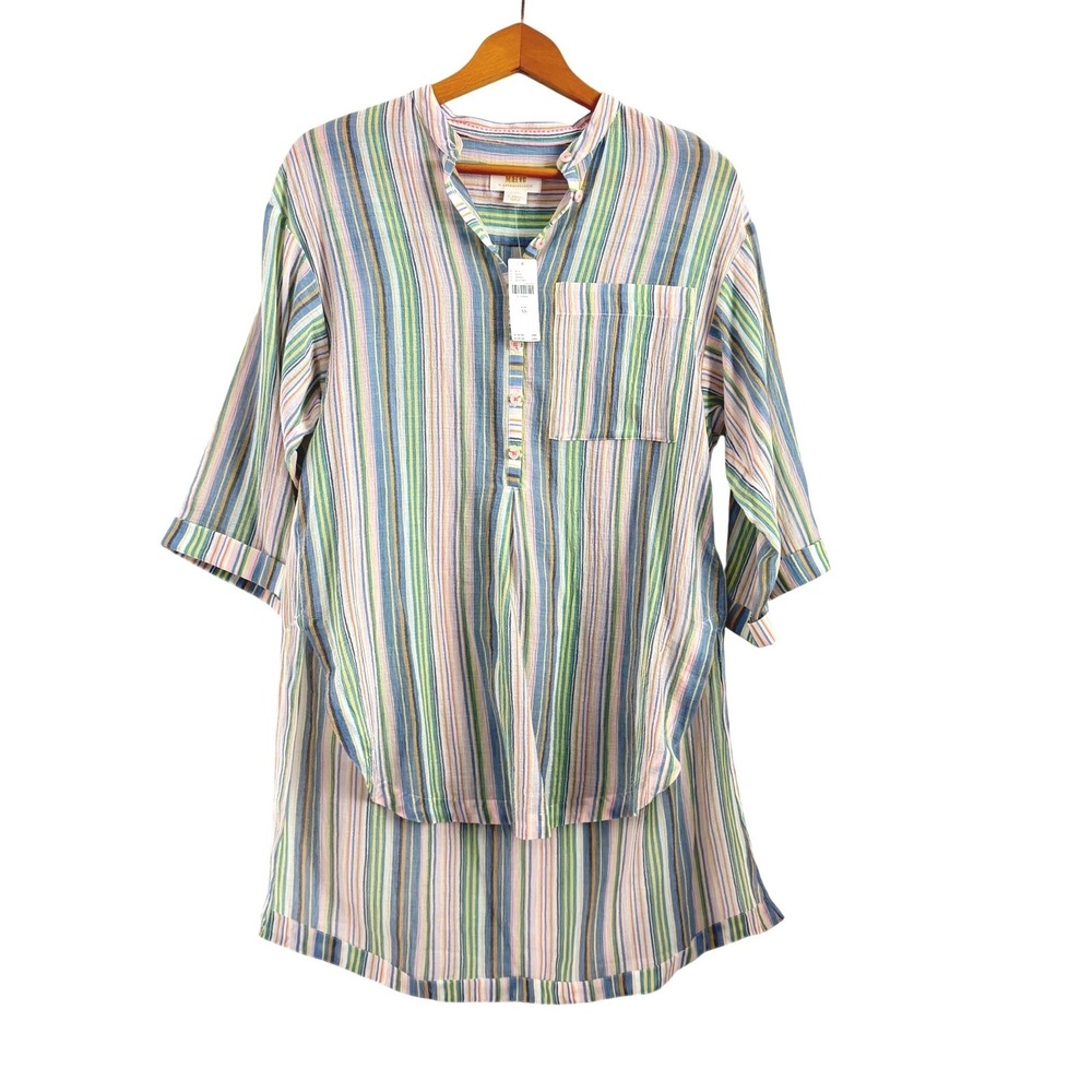 NWT Maeve Anthropologie Striped Multicolor Tunic Top High‎ Low 3/4 sleeve XS